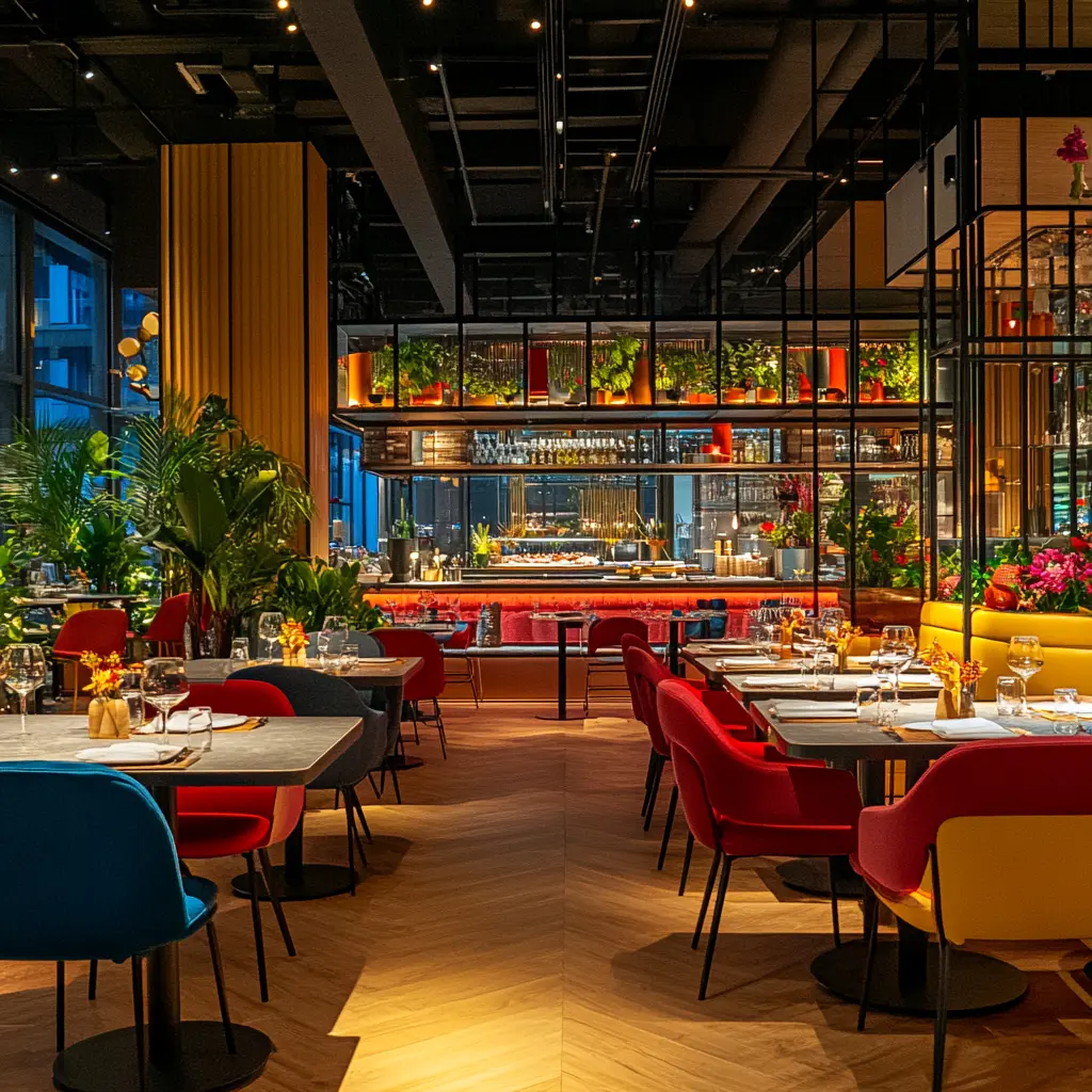 Modern Restaurant Interior: Stylish and Inviting A modern restaurant interior with comfortable seating and an open kitchen.