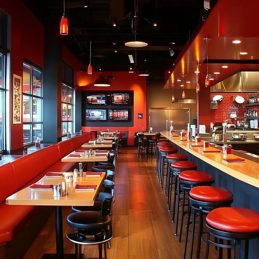 Modern Restaurant Interior: A Vibrant Dining Experience Modern restaurant interior with comfortable seating and open kitchen.