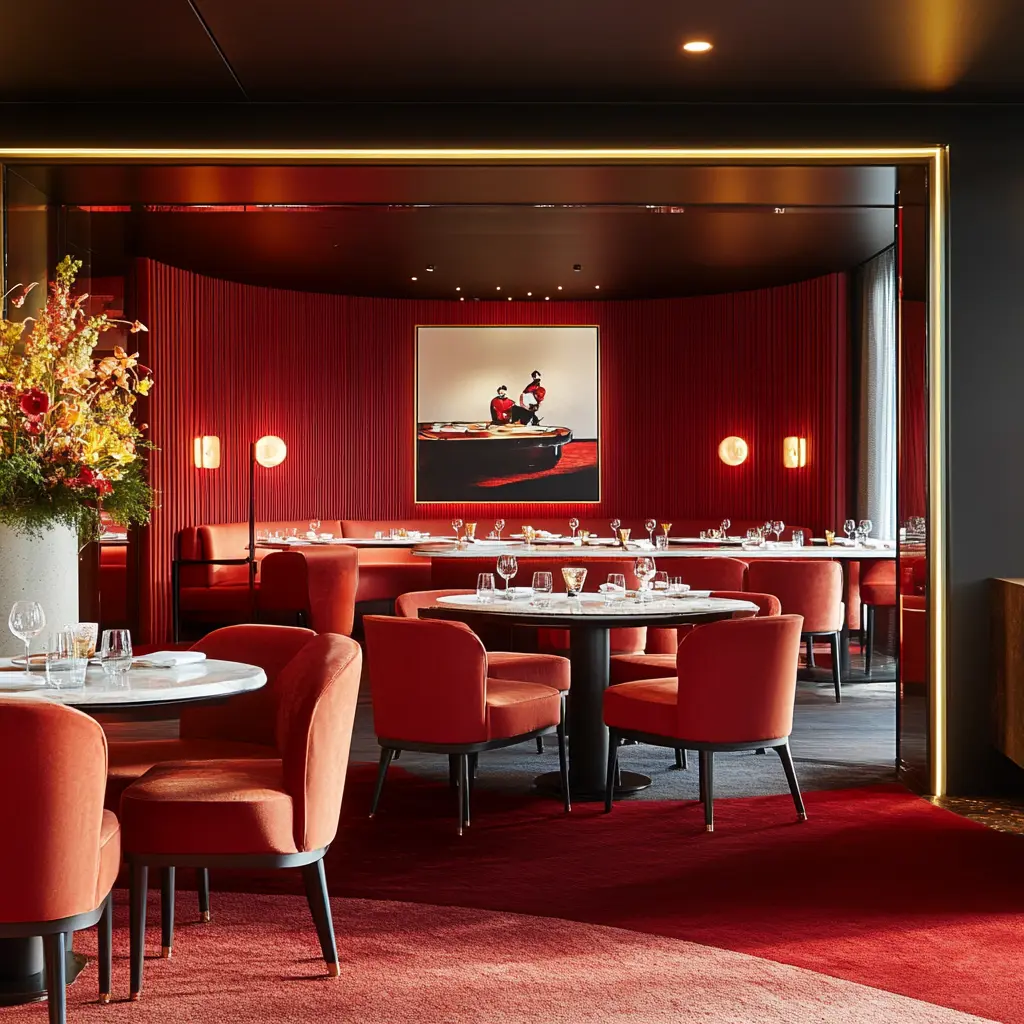 Modern Restaurant Interior with Warm Ambiance Interior of a modern restaurant with comfortable seating and an open kitchen.