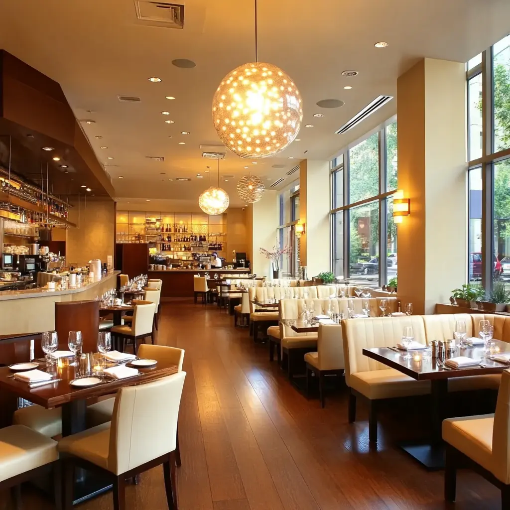 Modern Restaurant Interior Design: A Stylish and Inviting Space A cozy dining area in a modern restaurant with comfortable seating, warm lighting, and an open kitchen in the background.
