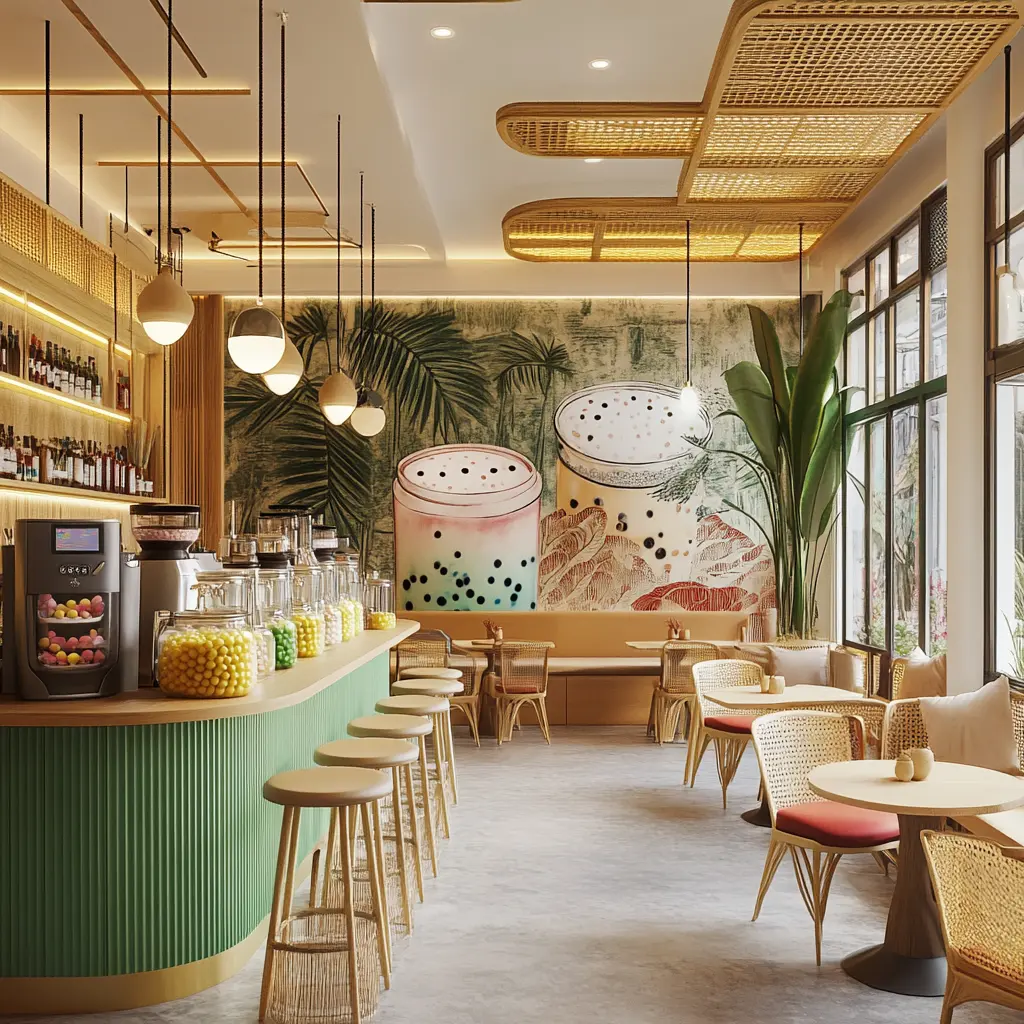 Modern Restaurant Design: Experience Comfort and Style A cozy restaurant interior with modern seating, an open kitchen, and warm ambient lighting.