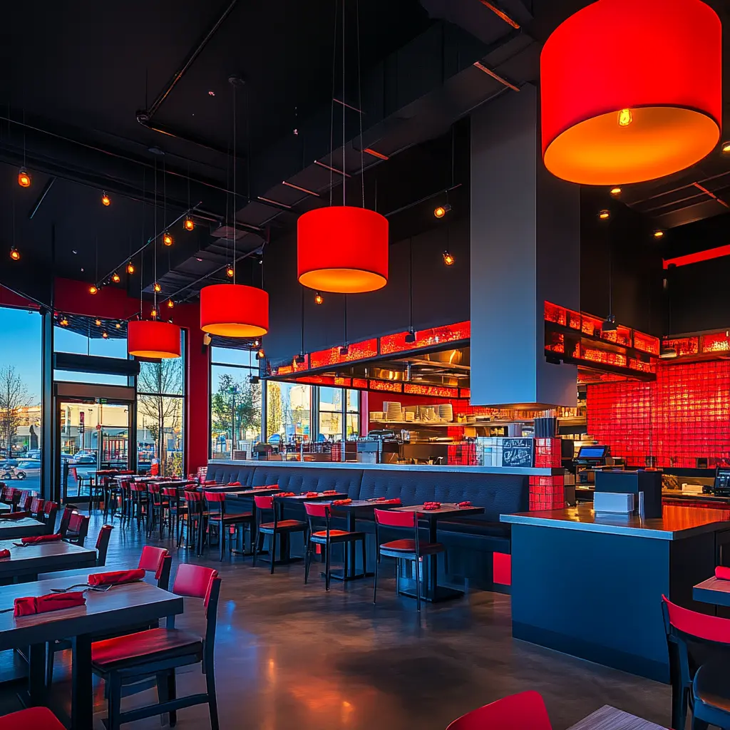 Modern Restaurant Design: Experience Comfort and Style A cozy restaurant interior with modern seating, an open kitchen, and warm ambient lighting.