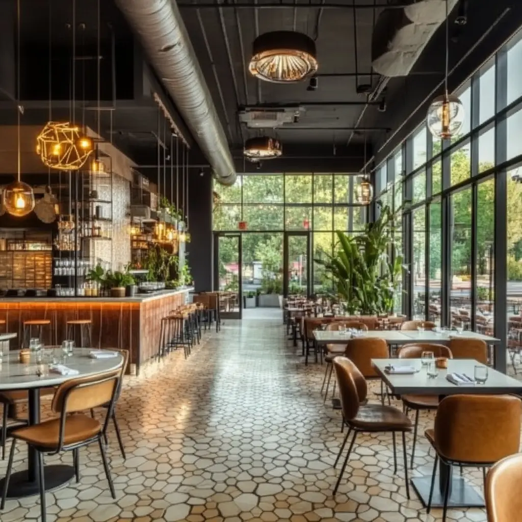 Modern Restaurant Interior Design: Stylish and Inviting A cozy restaurant interior with modern seating and warm lighting.