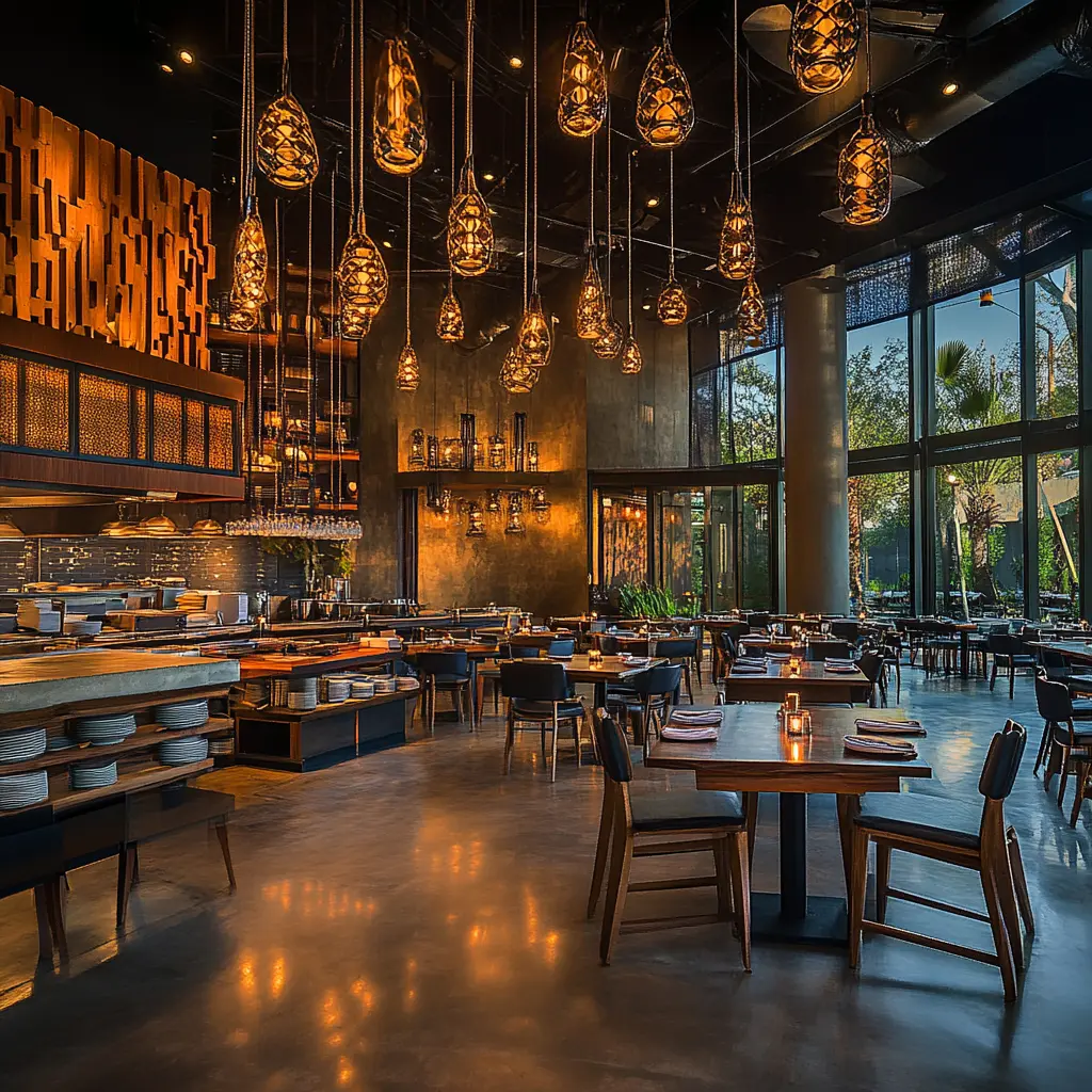 Modern restaurant with open kitchen and cozy atmosphere Modern restaurant interior with open kitchen and comfortable seating.