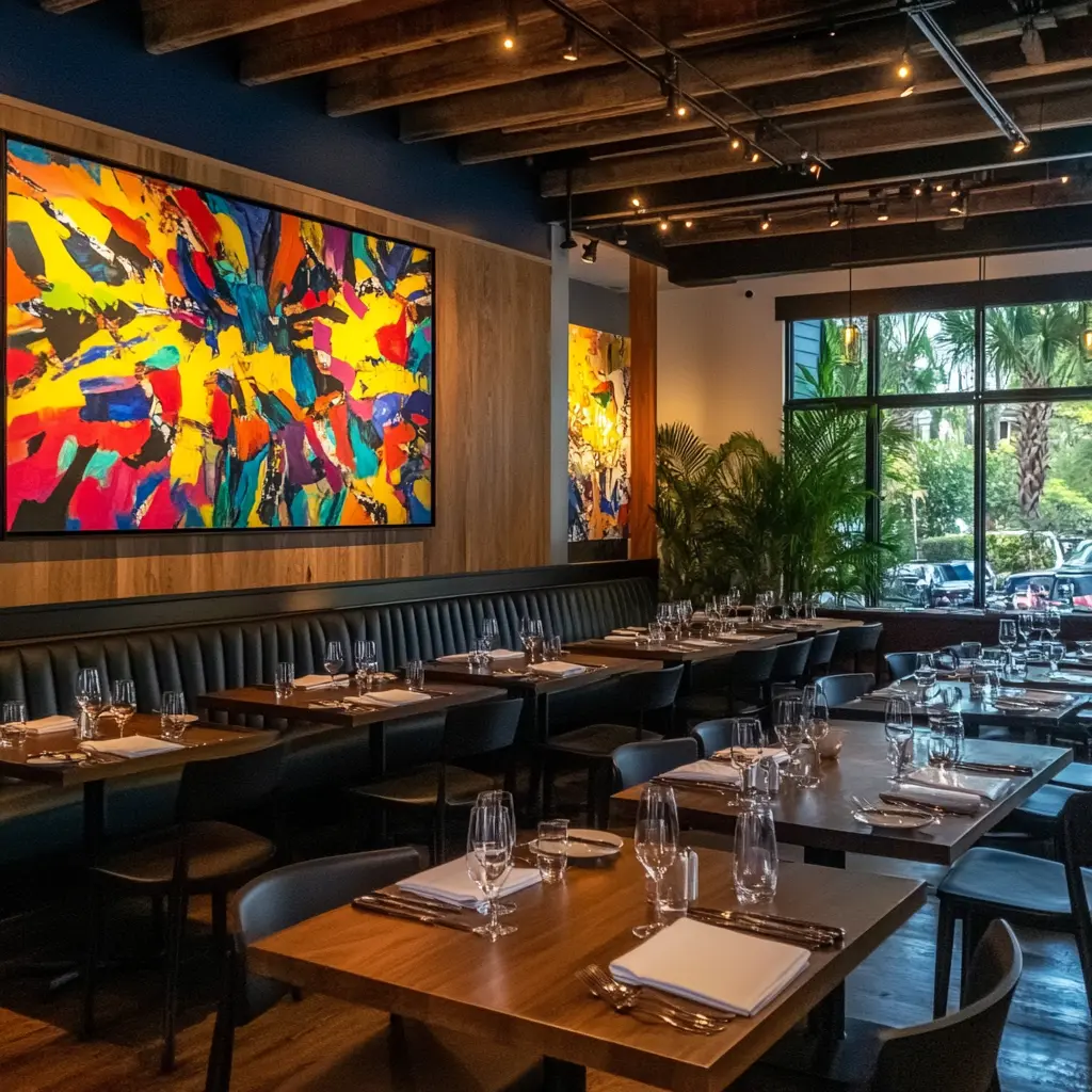 Warm and Modern Ambiance: Discover Our Restaurant Modern restaurant interior with comfortable seating, open kitchen, and warm ambient lighting.