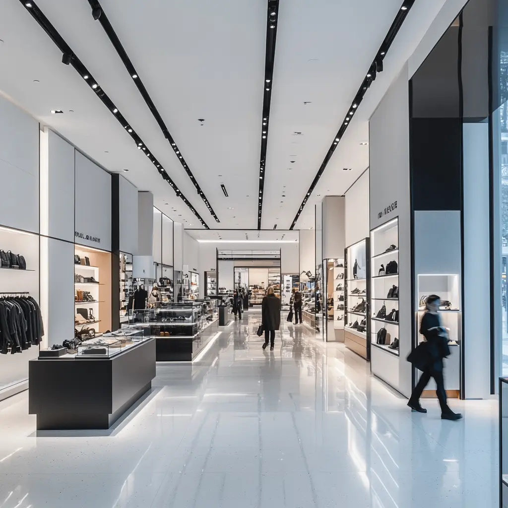 Modern Retail Interior Design: Creating a Stylish and Functional Space A customer walking through a modern retail store with sleek fixtures and minimalist decor.