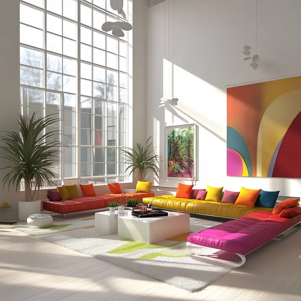 Modern Tech Living Room with Colorful Furniture and Big Windows A spacious living room with a sleek sofa, colorful accent chairs, and a large flat-screen TV.