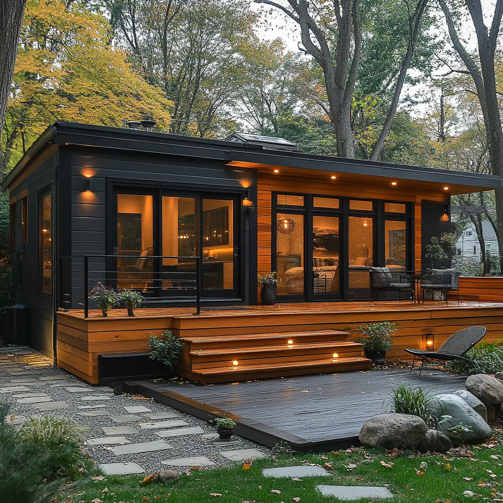 Modern Tiny Home with Stylish Front Deck Design A modern tiny home with a spacious front deck featuring stylish furniture and plants.