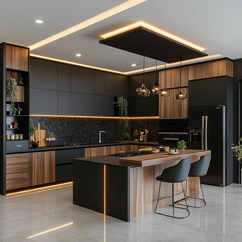 Sleek Modern U-Shaped Kitchen: Black and Wood Elegance A modern kitchen with a U-shaped layout, featuring black cabinetry, a wooden island, and stainless steel appliances.