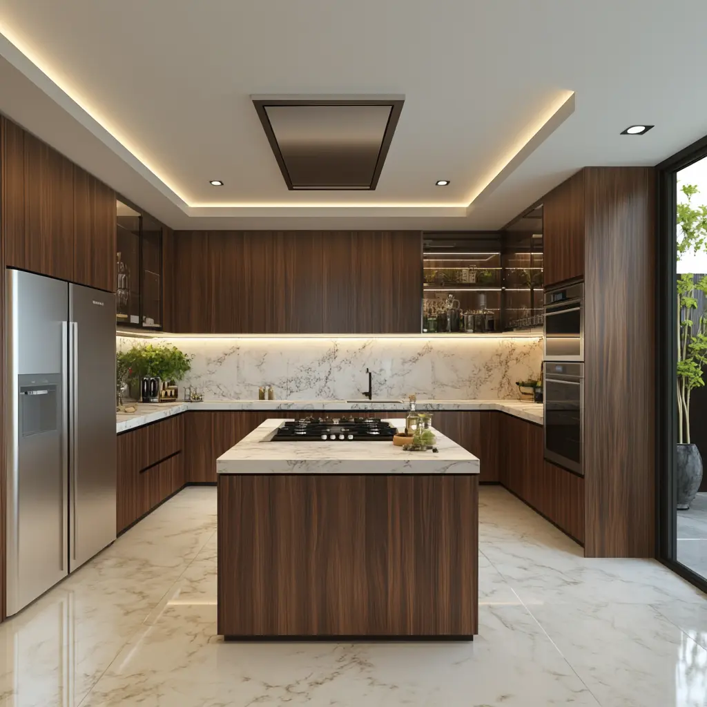 Modern Fusion Kitchen: Western Meets Japanese Design A contemporary kitchen showcasing a fusion of Western and Japanese design, featuring dark wood cabinetry, a marble island, and modern appliances.