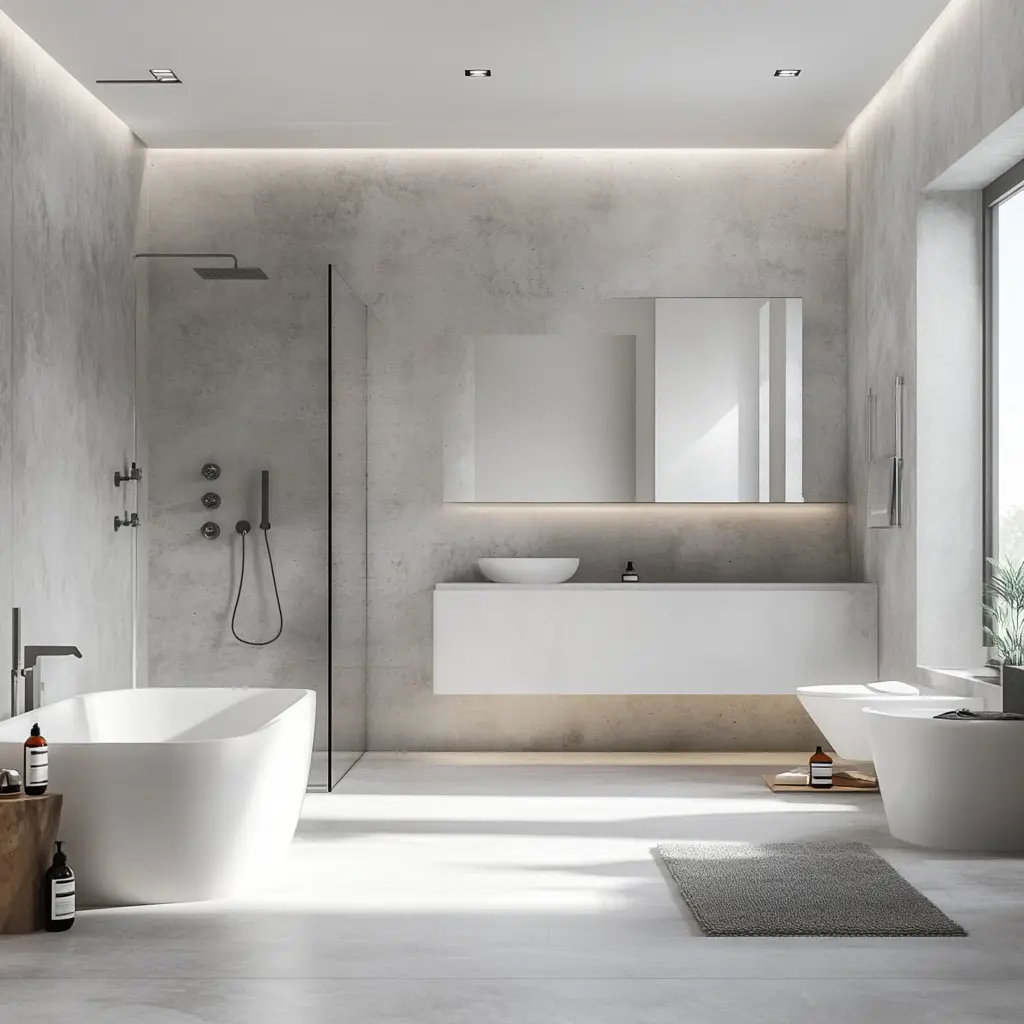 Sleek and Modern White Bathroom with Concrete Accents A minimalist white bathroom with a concrete vanity and floor, featuring a freestanding bathtub and large windows.