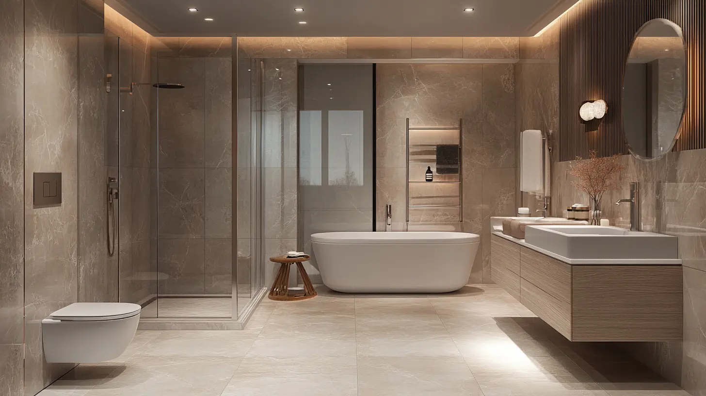 Spacious Neutral-Colored Bathroom Design Wide-angle view of a spacious, neutral-colored bathroom.
