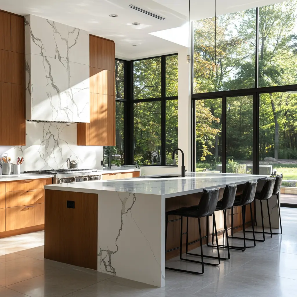 Open-Concept Kitchen with Abundant Natural Light and Modern Aesthetics An open-concept kitchen with large windows and a minimalist design in Baldwin Park
