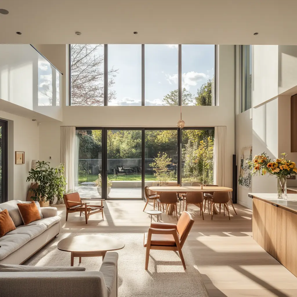 Bright Open-Plan Living Room Extension with Floor-to-Ceiling Windows Open-plan living room extension with floor-to-ceiling windows