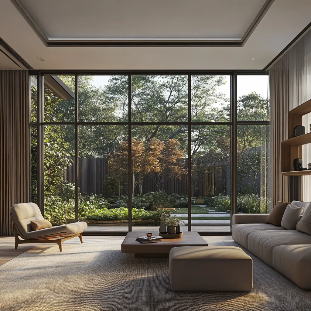 Spacious Living Room with Stunning Garden Views Modern living room with floor-to-ceiling windows and garden view