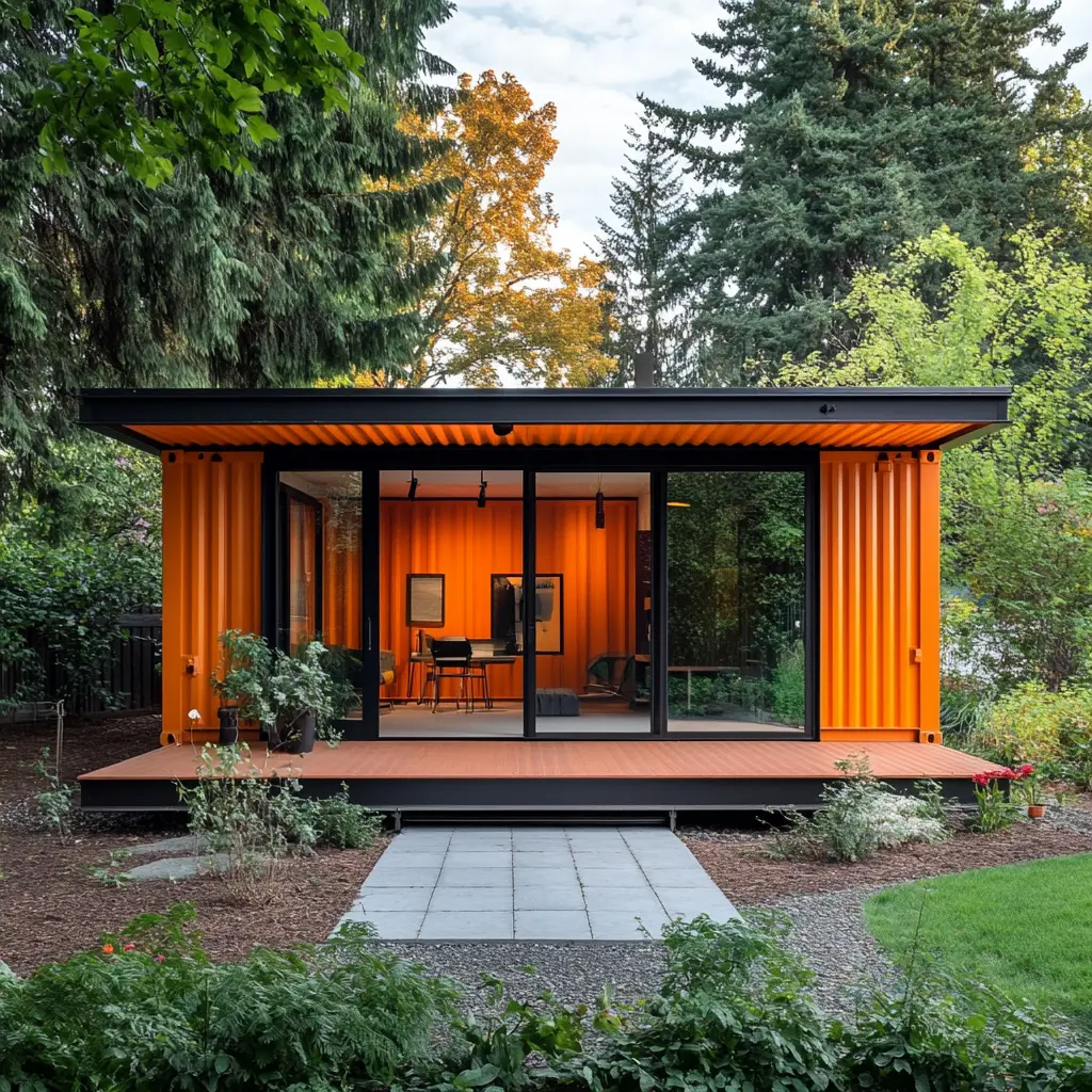 Exterior of a modern orange container house with a minimalist design and compact size.