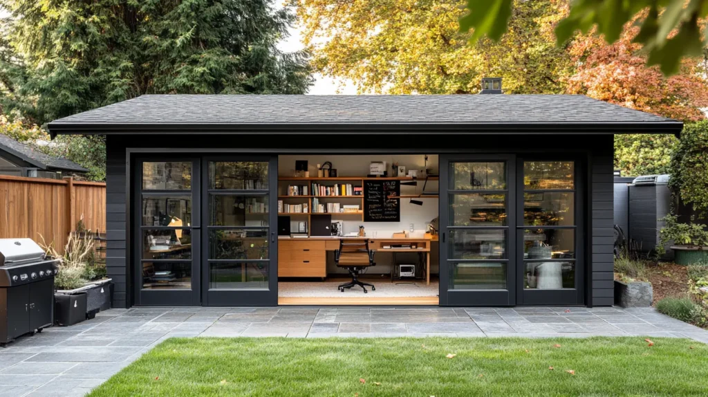 ADU California of a converted garage in Portland, Oregon, now a modern home office. Featuring large windows, sliding doors, and natural light streaming in.