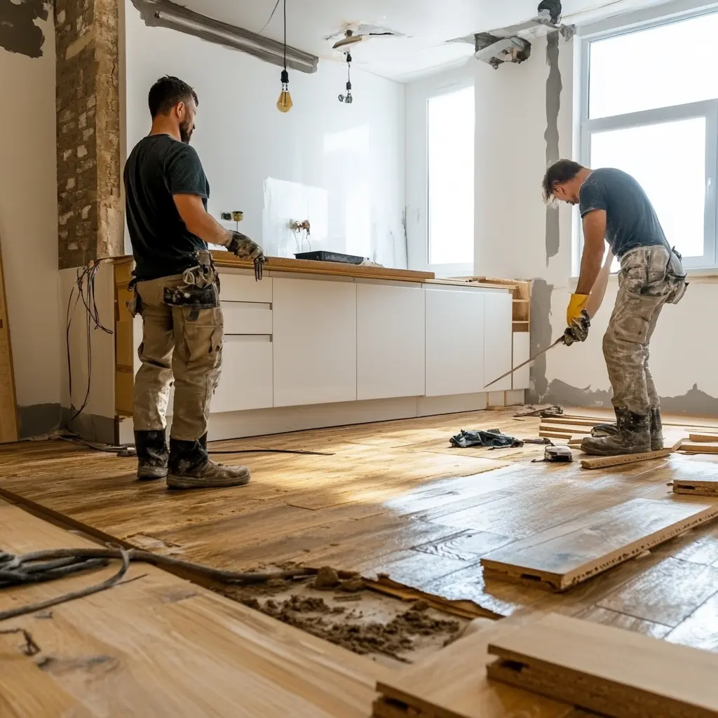 Professional Kitchen Floor Installation: A Complete Transformation Professional installers installing new flooring in a kitchen.