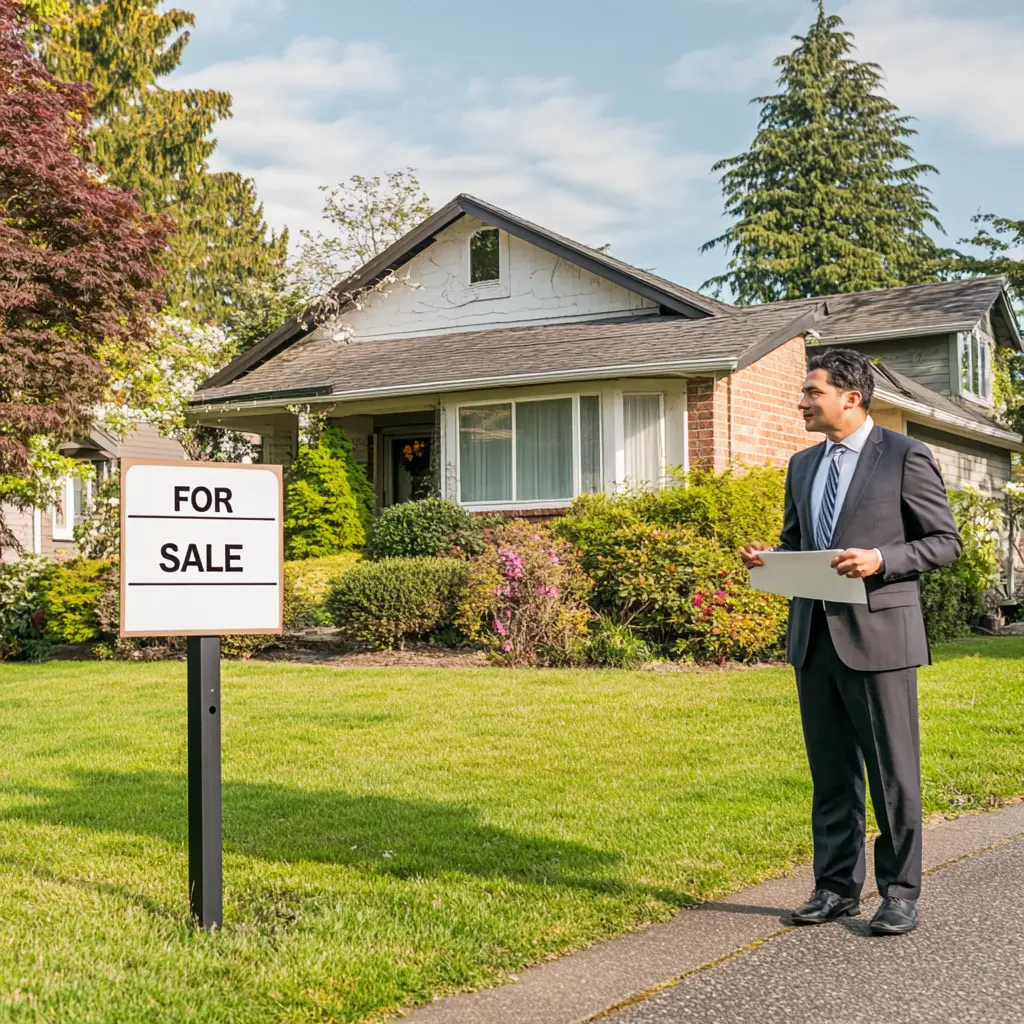 Your Trusted Real Estate Partner A real estate agent stands in front of a house with a sign, holding a sign rider for sell in Baldwin Park