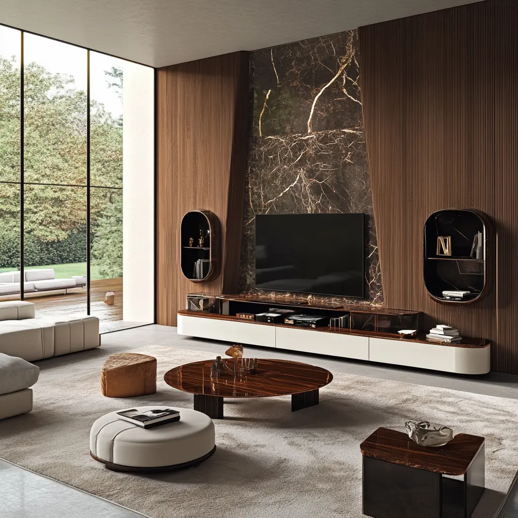Sleek Modern TV Unit: Roche Bobois Style for Your Living Room A contemporary living room featuring a sleek Roche Bobois TV unit as the centerpiece.