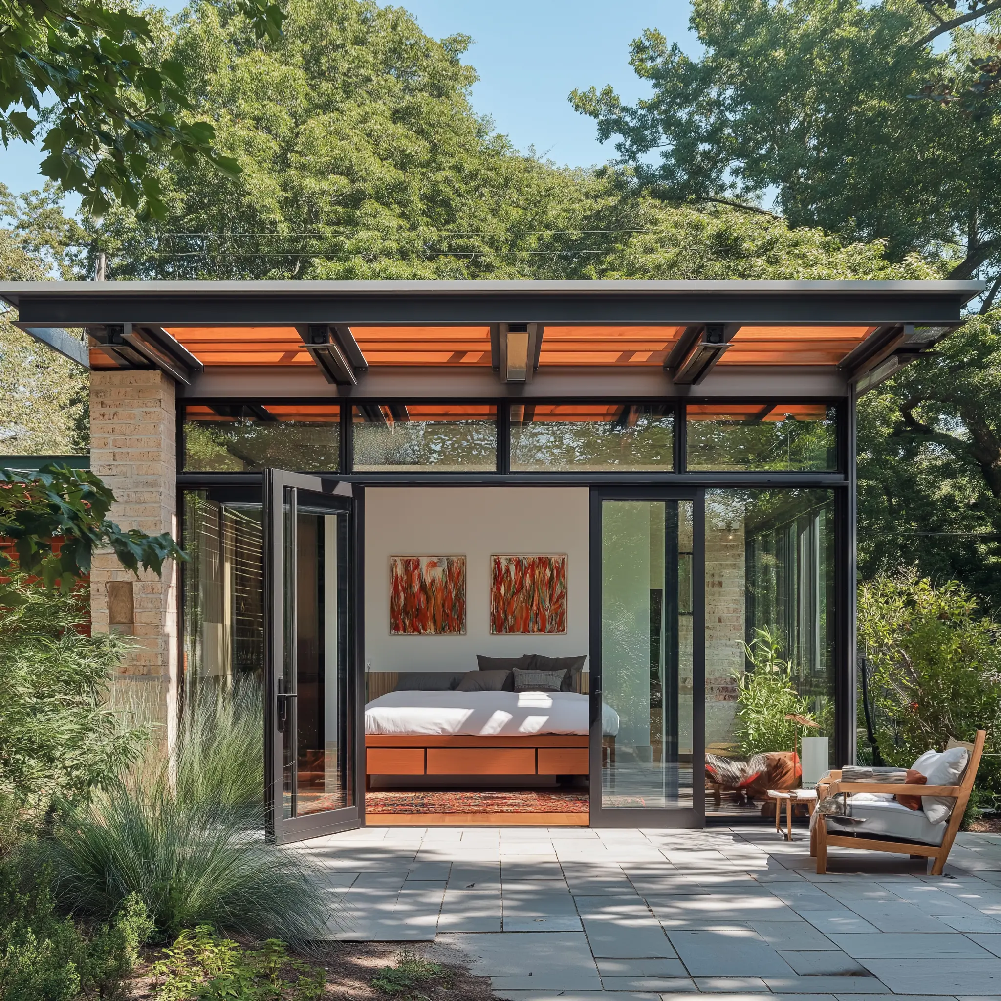 Rooftop Conversion: Bedroom and Art Studio Addition A rendering of a rooftop conversion with a modern bedroom and art studio connected by glass doors, overlooking a city skyline.
