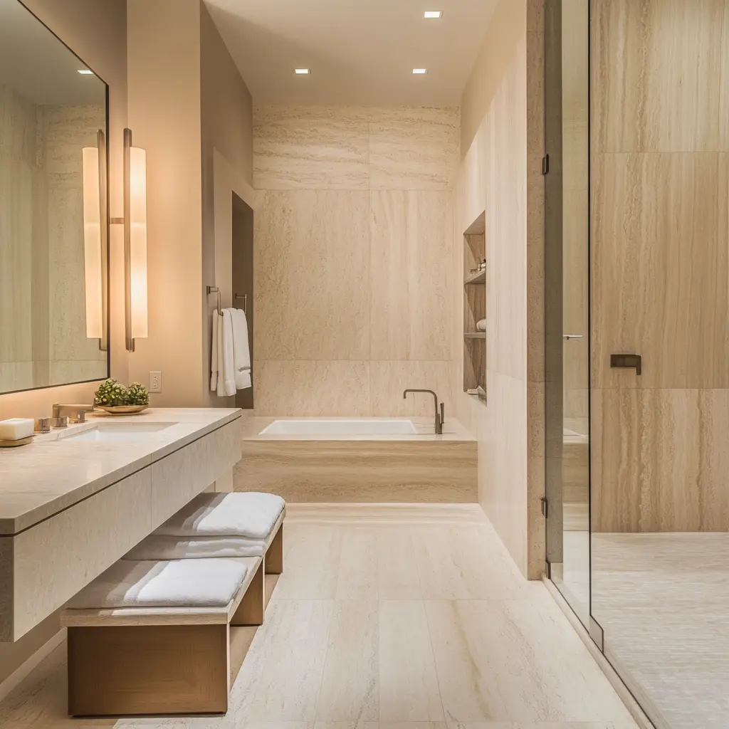 Serene Bathroom Retreat with Neutral Tones and Natural Stone Modern bathroom with neutral colors, natural stone walls, and soft lighting