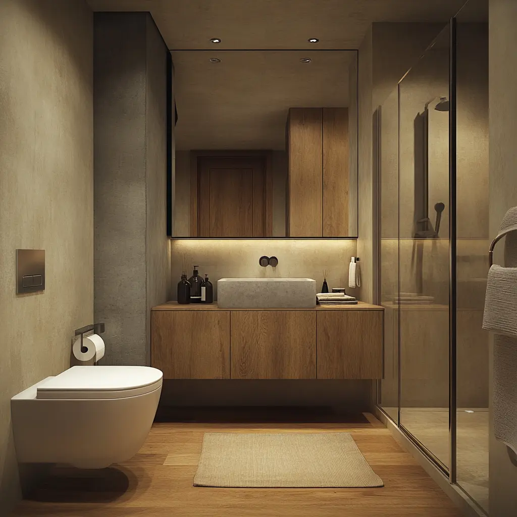 Small Apartment Bathroom Design Ideas A minimalist small apartment bathroom with a white subway tile backsplash.