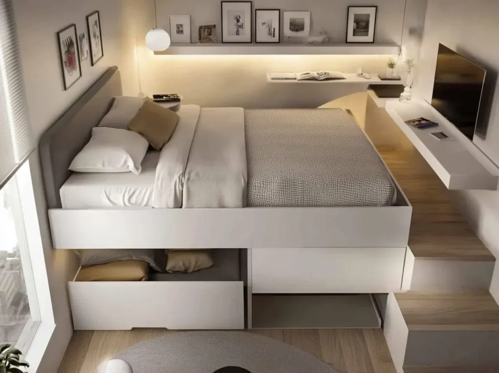 A minimalist white bedroom with a small bed featuring built-in storage and a modern desk.