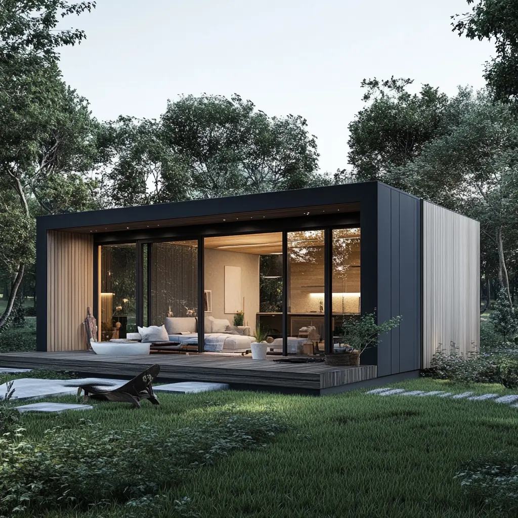 Minimalist Modern Home: Sustainable Living in a Small Space A small, modern house with a flat roof, large windows, and a lush green garden.