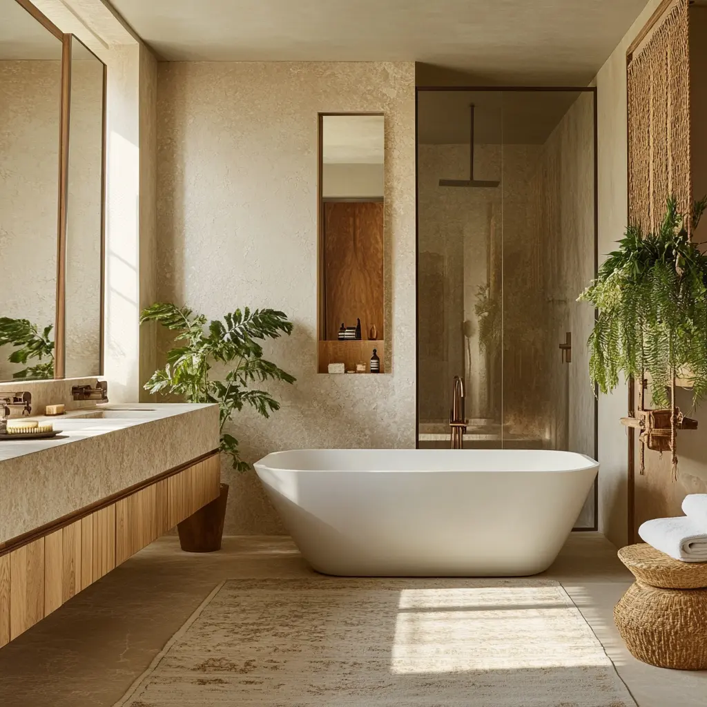 Create Your Own Spa Retreat: A Serene Bathroom Design Freestanding bathtub in a serene bathroom with wooden accents and plants