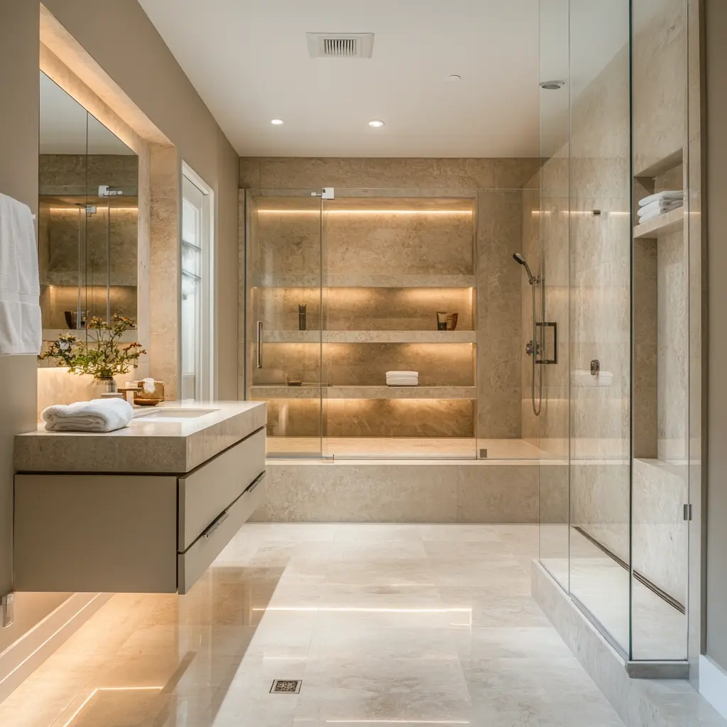 Spacious Bathroom Design with Floating Vanity and Walk-in Shower Spacious bathroom with walk-in shower and floating vanity