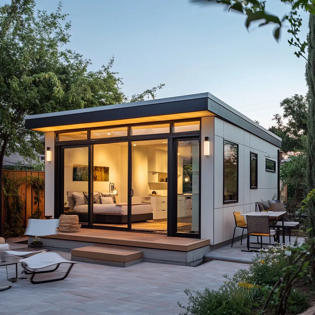 Rendering of a modern ADU with a private entrance and compact, stylish interior.