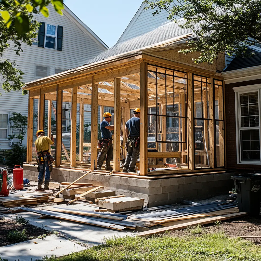Construction workers building a sunroom addition onto a house.