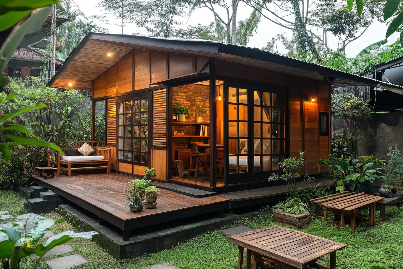 Traditional Indonesian Home with Modern Twist Small wooden house with a garden and terrace in traditional Indonesian style.