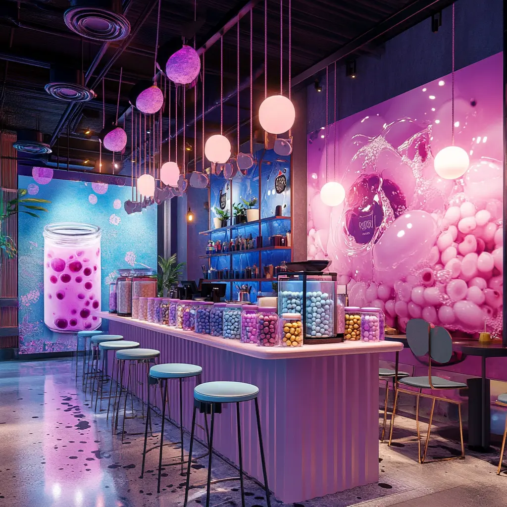 Trendy Boba Tea Shop: A Stylish and Inviting Space A trendy boba tea shop interior with a colorful mural and hanging pendant lights.