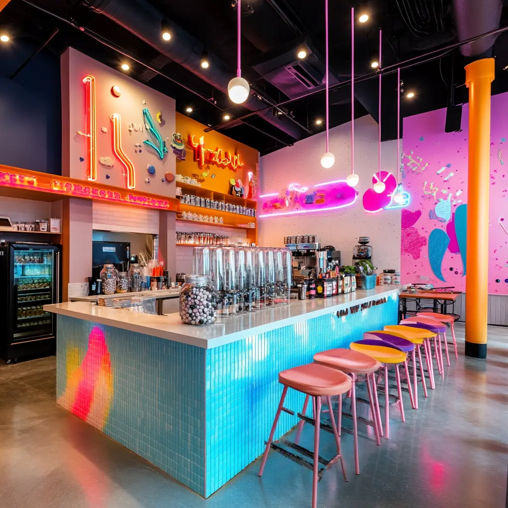 Sip, Relax, and Vibe: Your Trendy Boba Tea Haven Colorful boba tea shop interior with neon signs and cozy seating