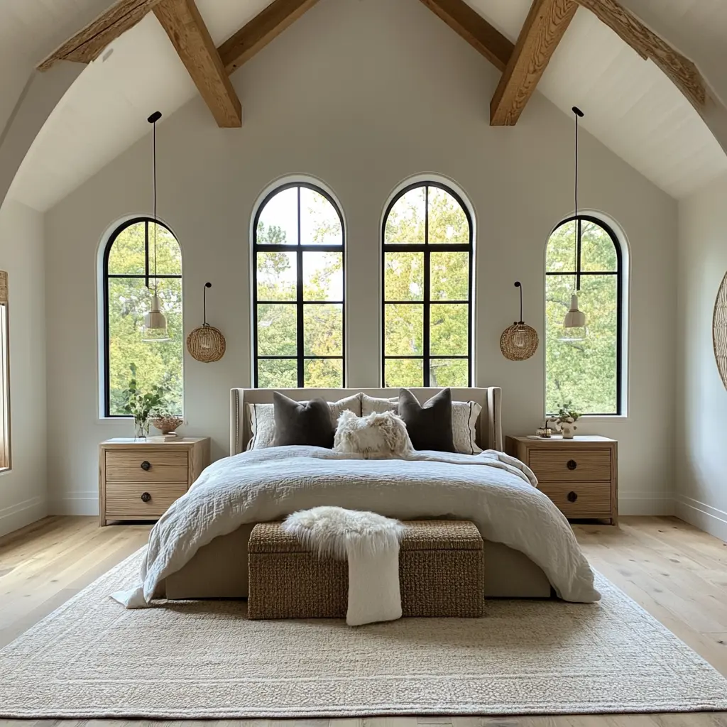 remodel A cozy master bedroom with vaulted ceilings, large windows, and a comfortable bed.