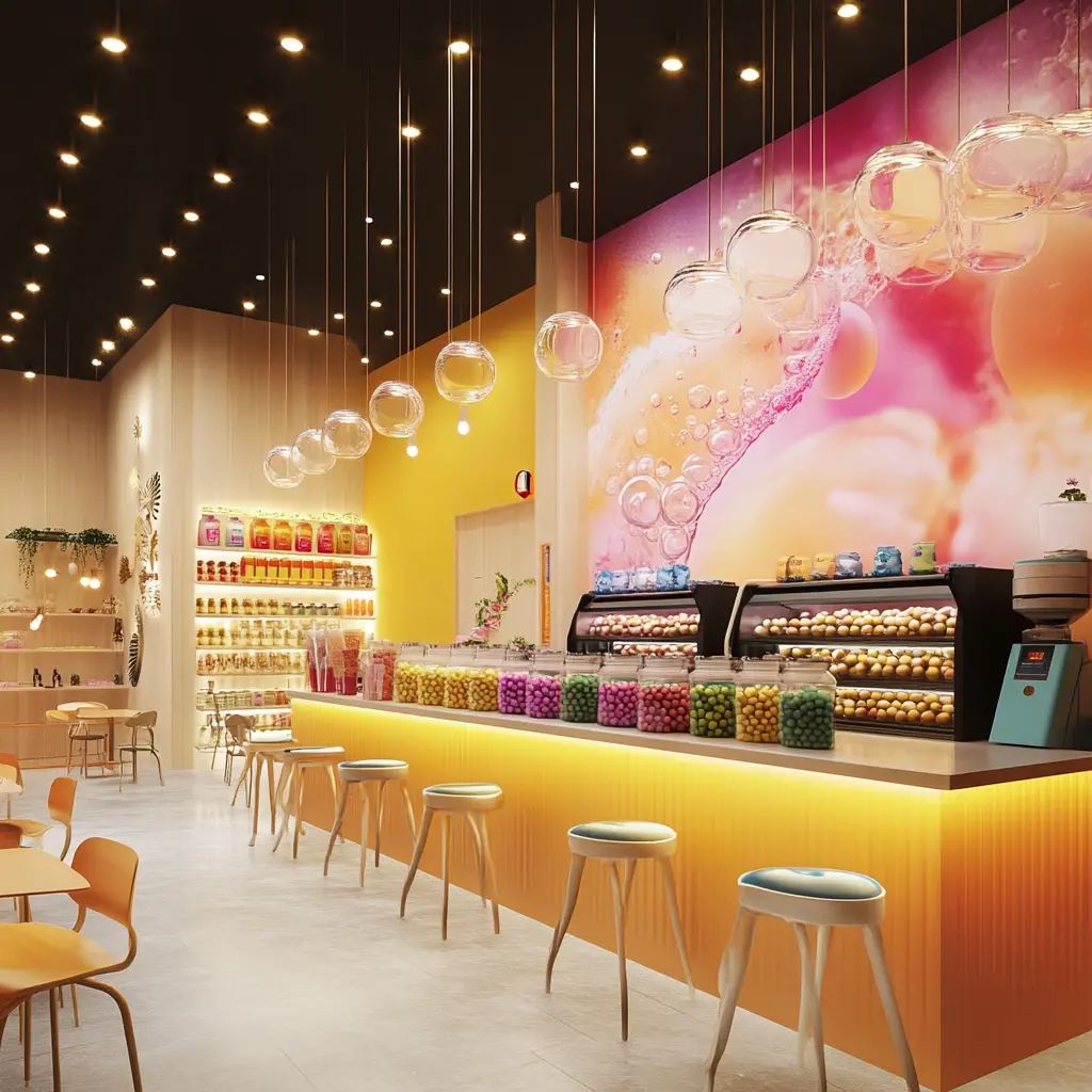 Step into a Vibrant Boba Tea Paradise Colorful boba tea shop interior with a sleek bar and cozy seating
