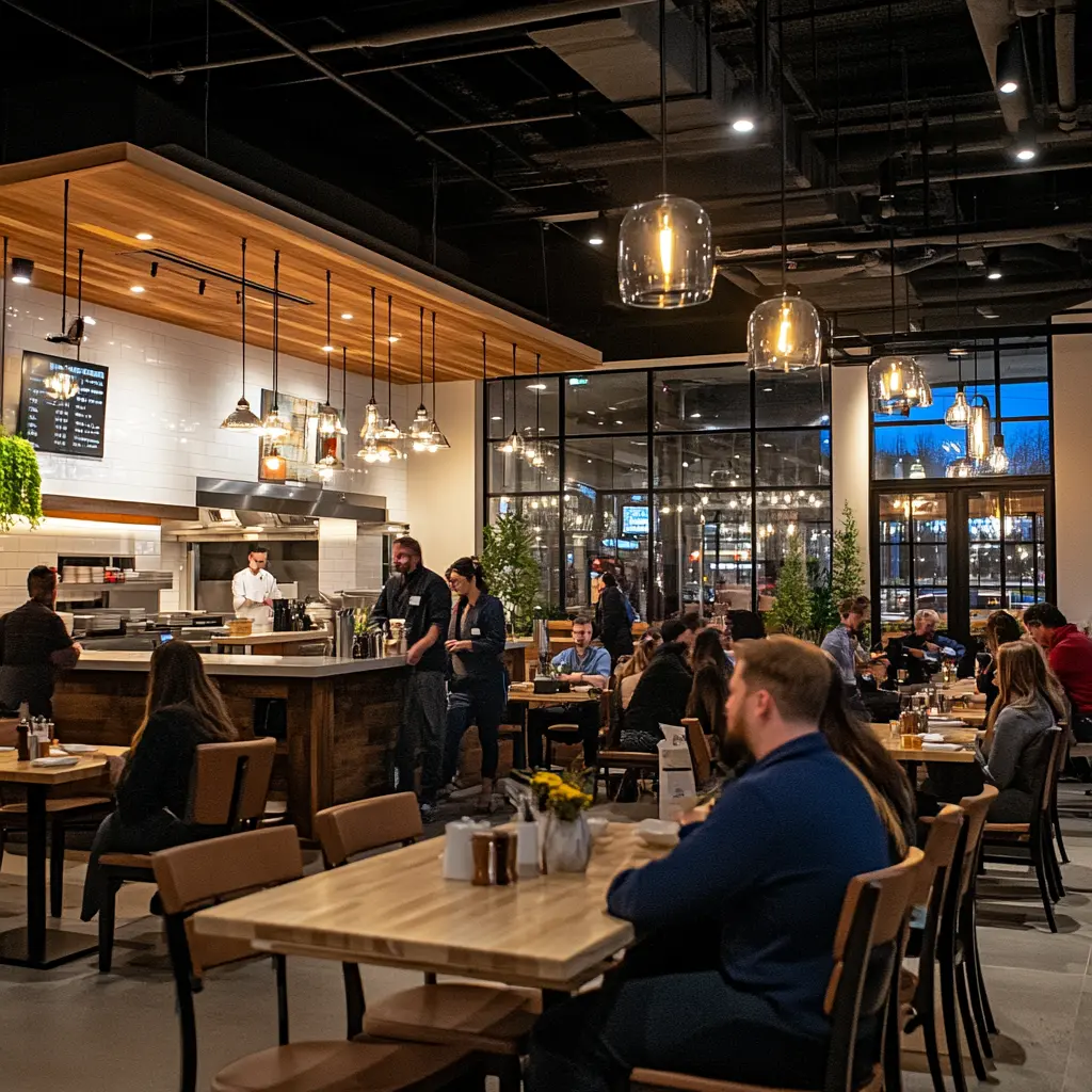 Warm Ambiance Restaurant: Cozy and Inviting Modern restaurant interior with warm ambient lighting and comfortable seating.