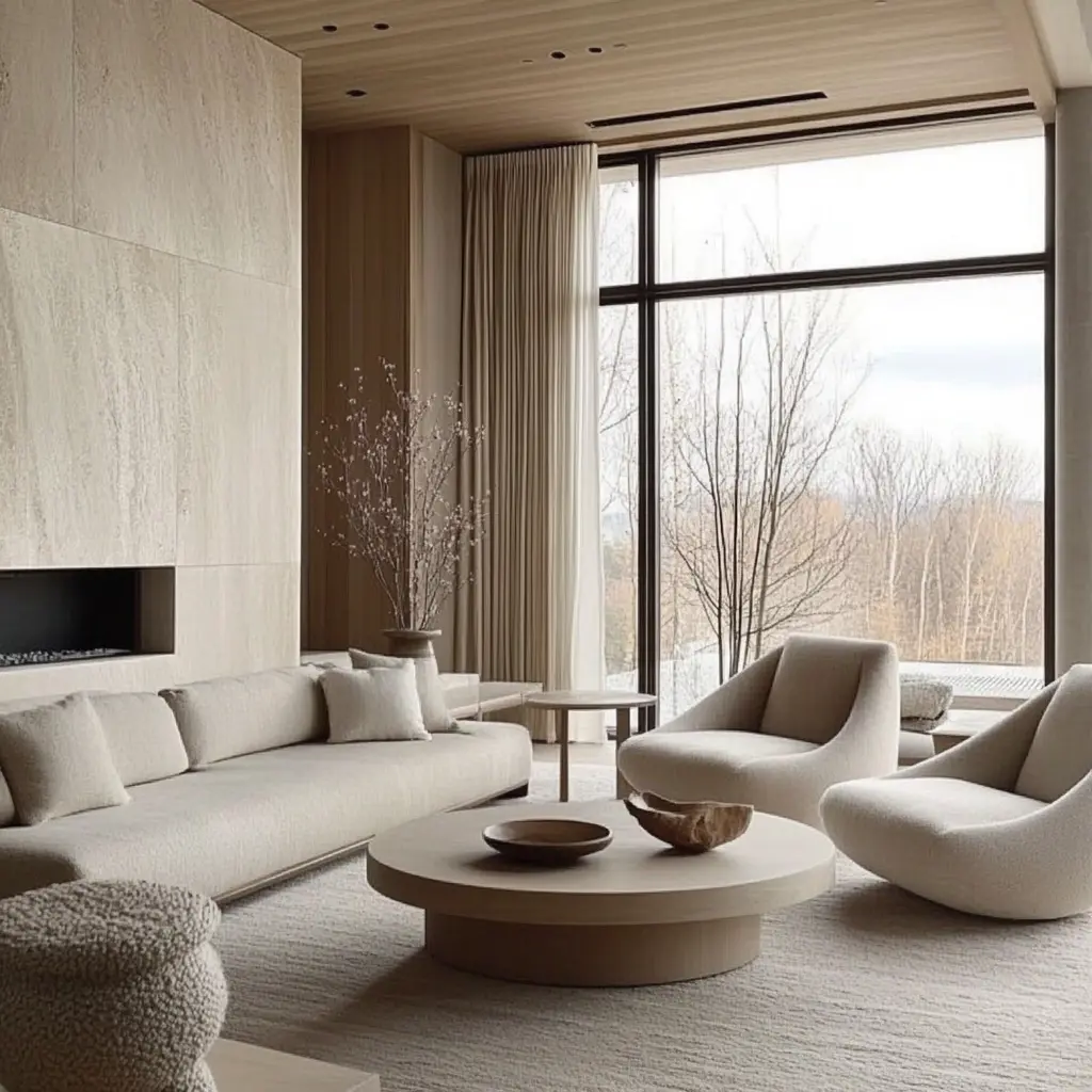 Cozy Minimalist Interior Design with Natural Textures A minimalist living room with a neutral color palette, featuring a cozy seating area, natural wood accents, and soft lighting.