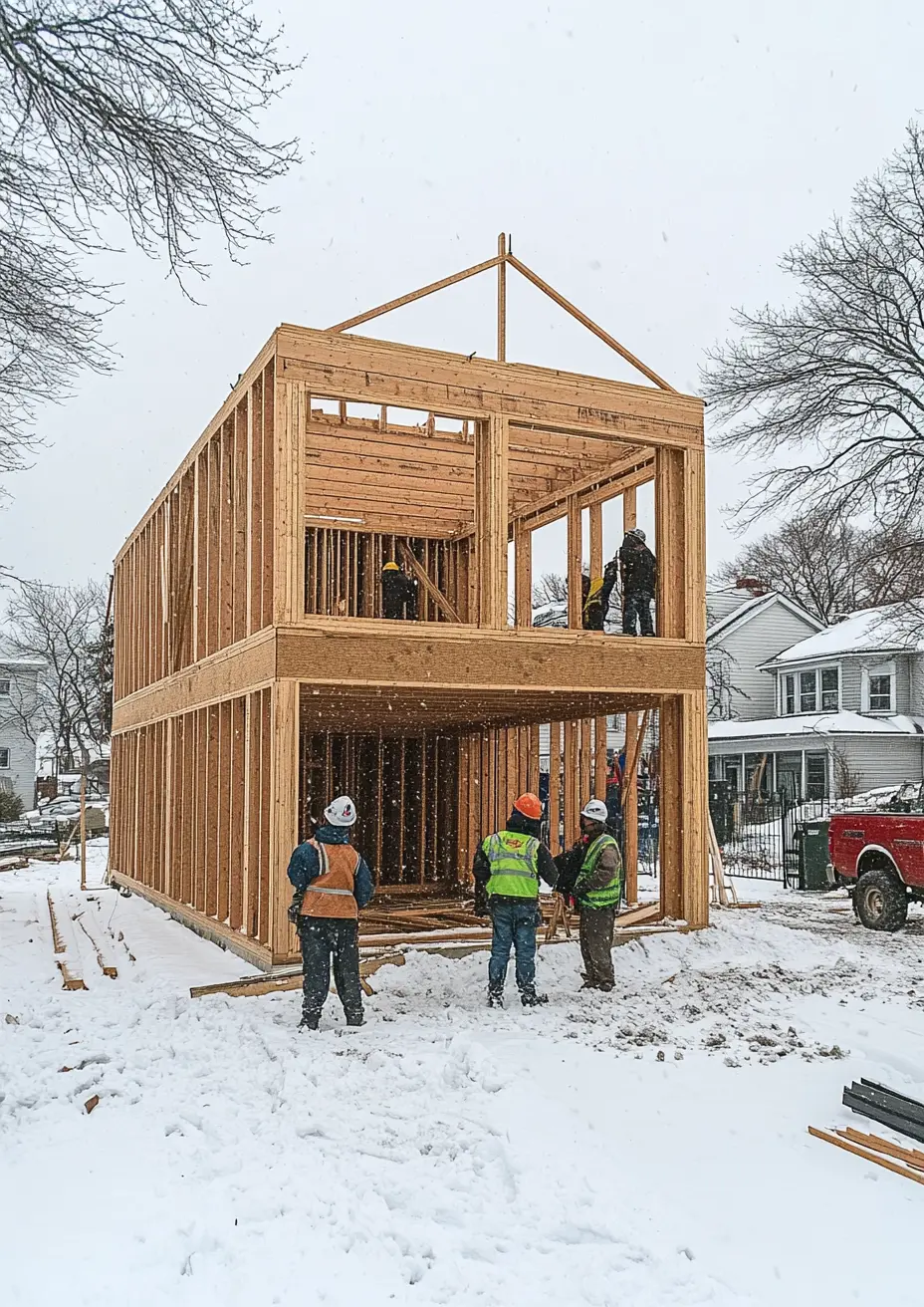 Winter Wonderland Construction: Building Homes in the Snow Architects working on blueprints in a modern office in Fullerton