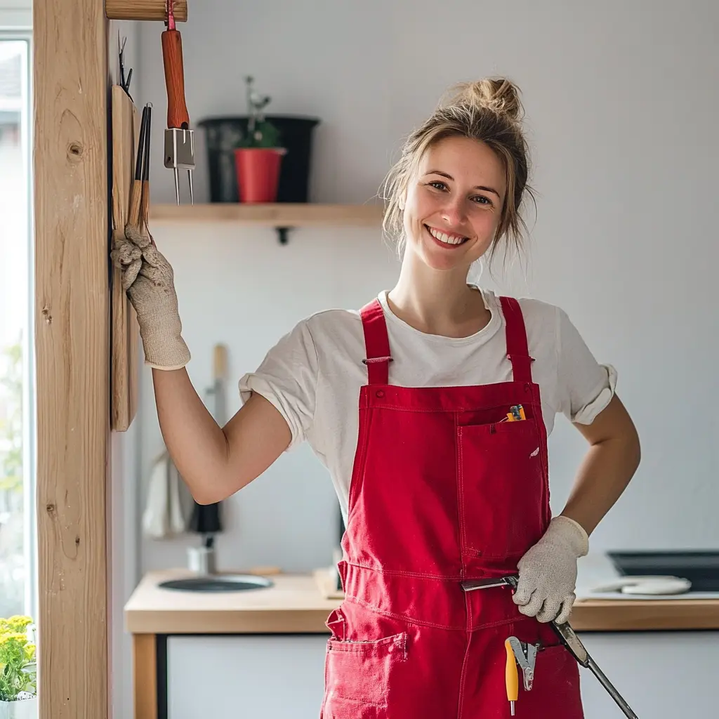 A smiling 30-year-old woman wearing a red outfit, working on a DIY project at her bright and cheerful home workspace.