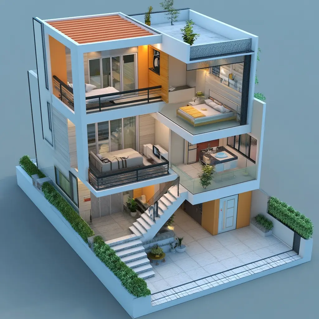 SB9 Law A 3D rendering of a modern house, showcasing the front exterior and an open-concept interior.