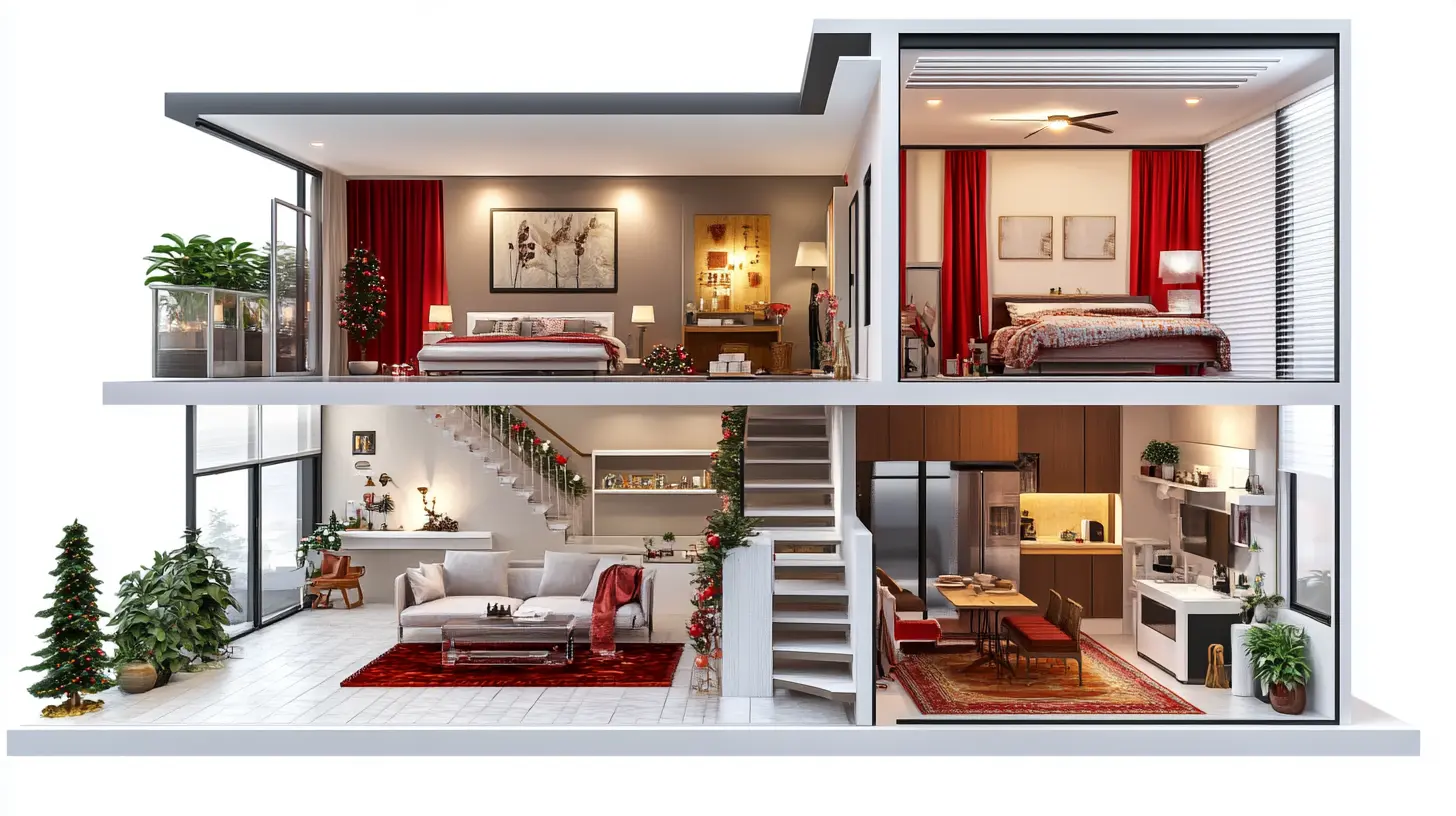 A 3D model of a two-story house with an open floor plan, featuring Christmas decorations throughout.
