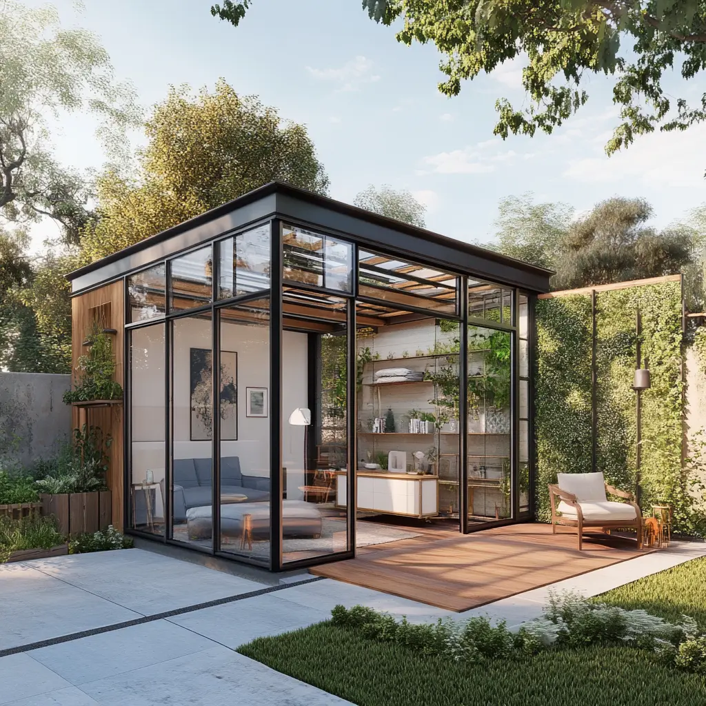 3D rendering of a modern ADU with a modular design, showcasing flexible interior spaces and large windows.