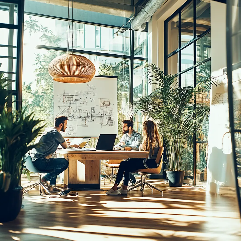 Architects Collaborating: A Glimpse into a Creative Office Architects working together in a bright and modern office, surrounded by blueprints, digital tablets, and design sketches.