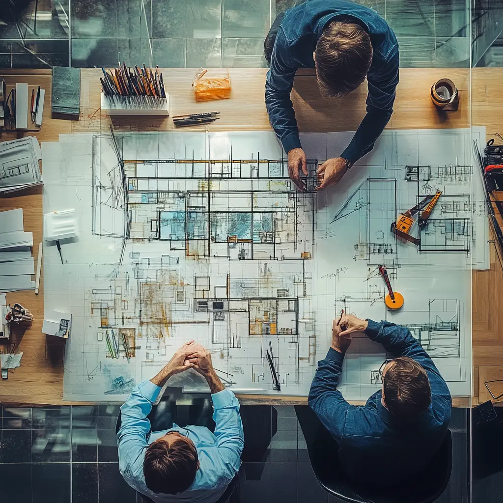 Collaborative Architects: Designing the Future Together A diverse team of architects working together on a blueprint, brainstorming ideas for a new building design.