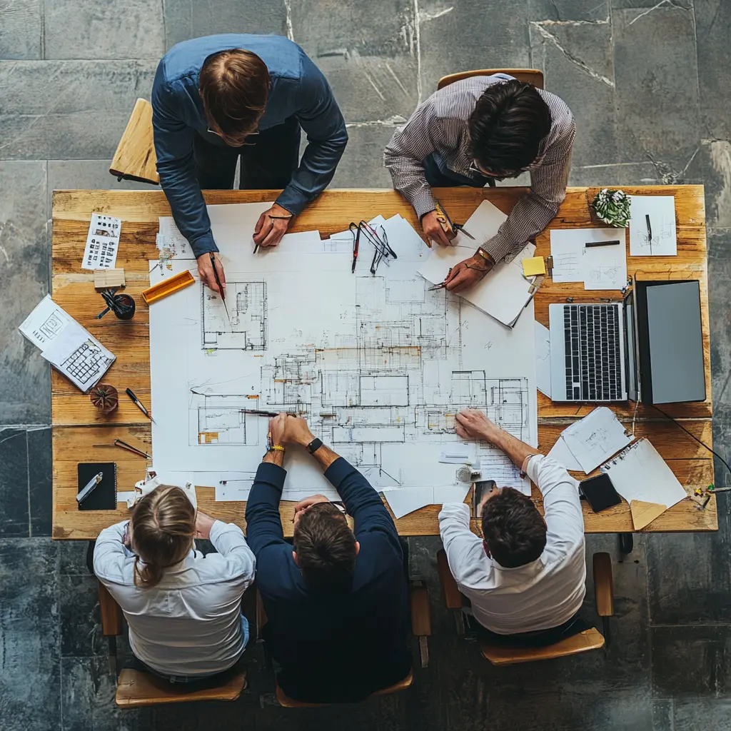 Architects Collaborating on a Project: A Top-Down View A group of architects working together around a table, viewed from above.