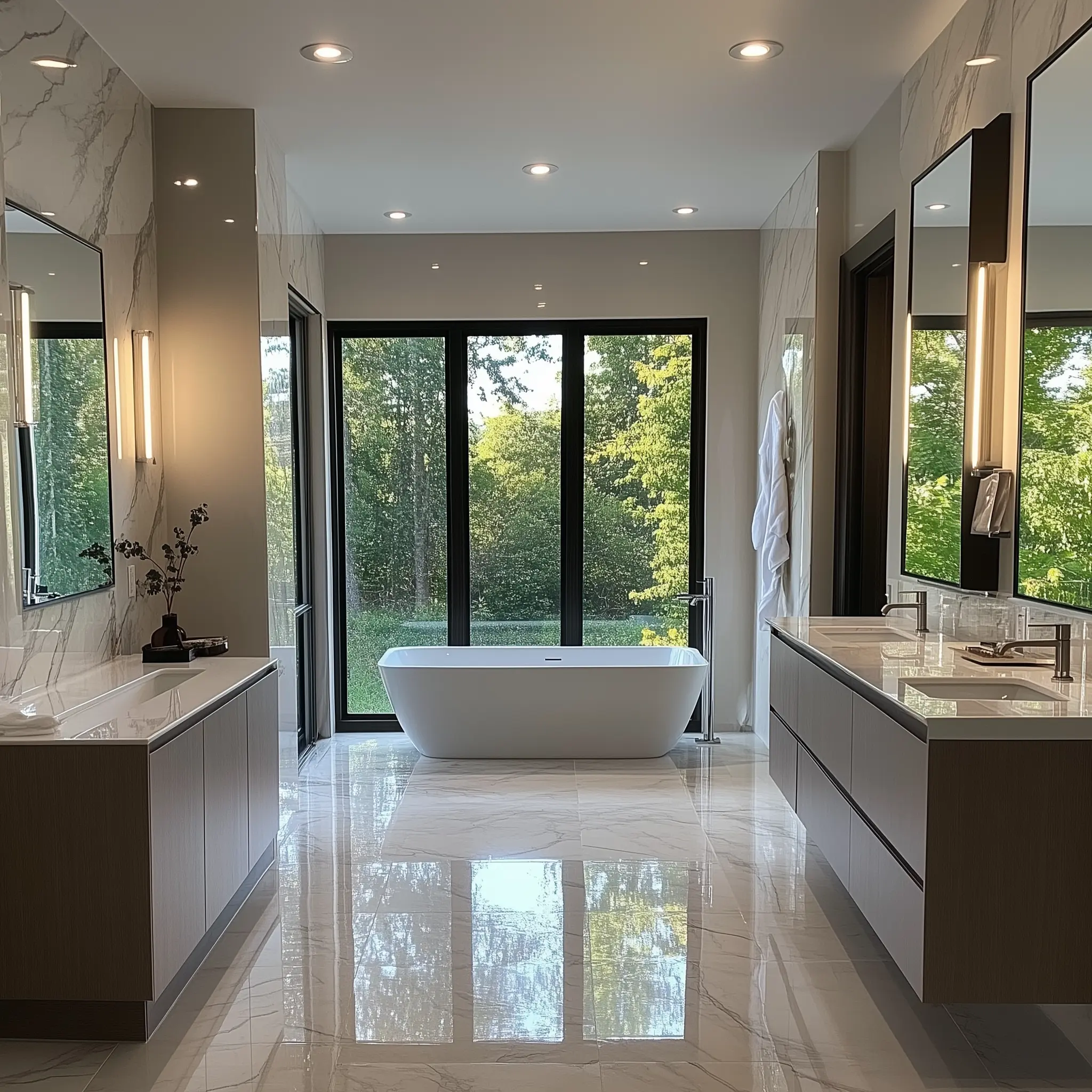 Beautiful Bathroom Inspiration: Design Ideas and Decor A beautiful bathroom with a freestanding bathtub and large windows.
