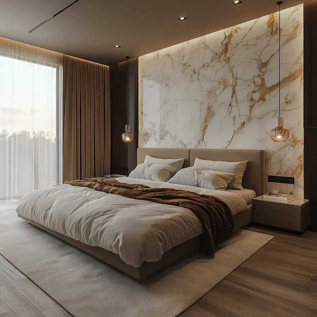 Textured Bedroom Design: Marble, Textile, and Wood A close-up of a bedroom wall with a mix of marble and textile textures.